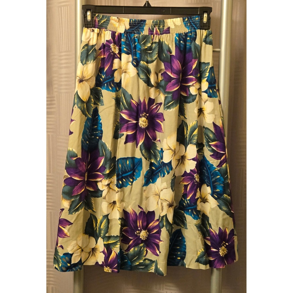 Michele Leslie Vintage Tropical Floral Midi Skirt Green Purple Rayon Medium‎ USA